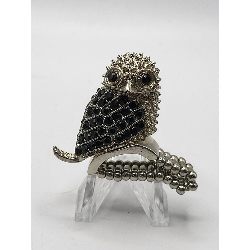Vintage Owl Stretch Ring Black Rhinestone 3D Statement
